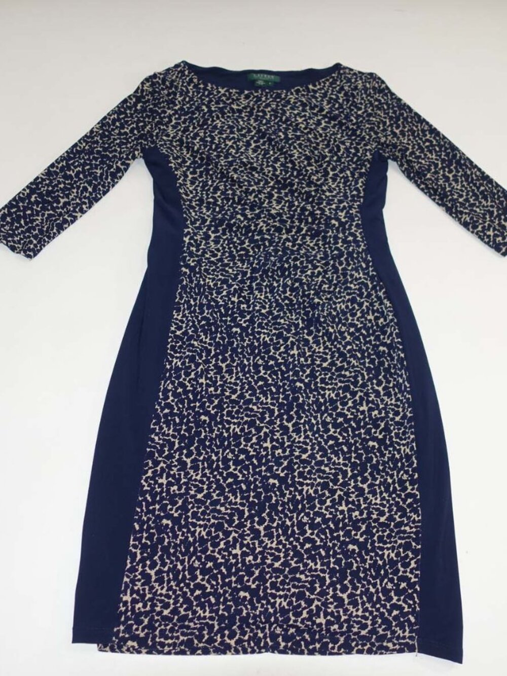 Lauren Ralph Lauren Women's Boat Neck Sheath Dress Size 8 3/4 Sleeves Navy Blue